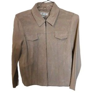 Coldwater Creek Women's Tan Leather Jacket With Knit Sleeves and Back Size 16